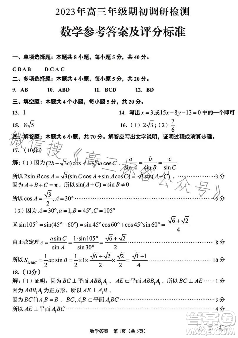 青島2023年高三年級期初調(diào)研檢測數(shù)學(xué)試題答案