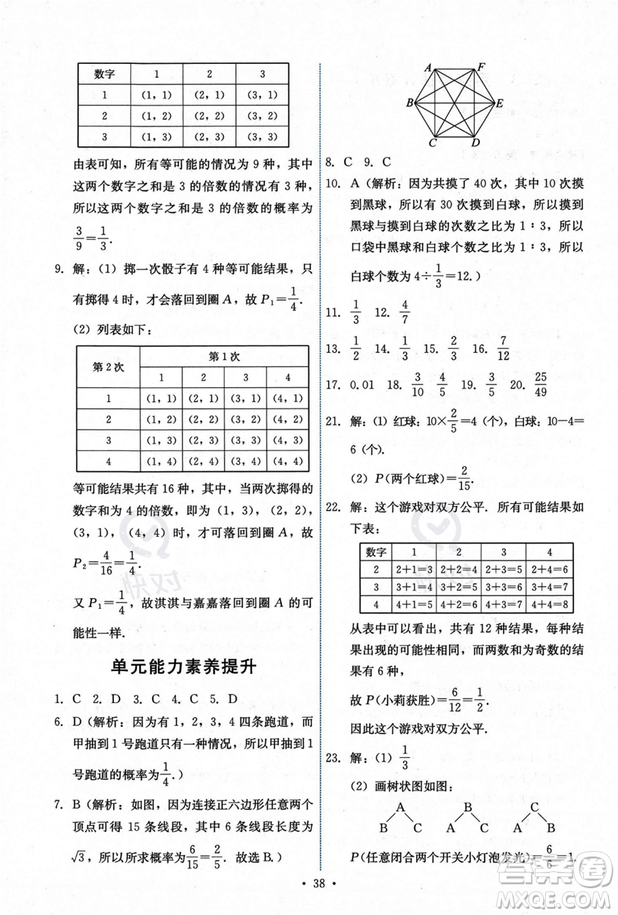 人民教育出版社2023年秋能力培養(yǎng)與測試九年級上冊數(shù)學(xué)人教版答案