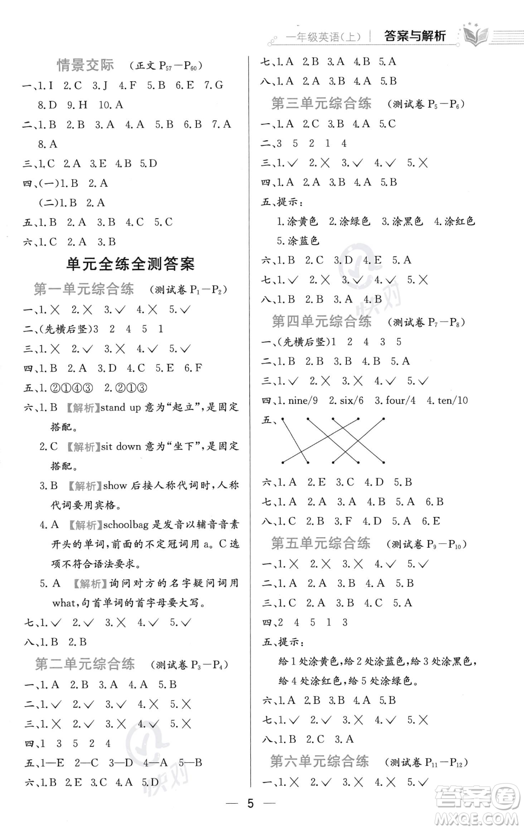 陜西人民教育出版社2023年秋小學教材全練一年級上冊英語人教版答案