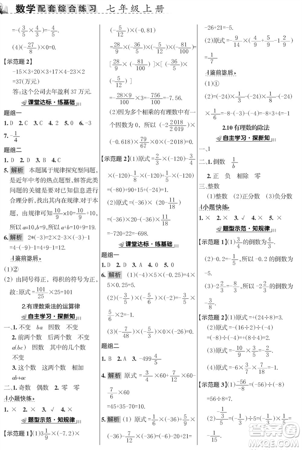 甘肅文化出版社2023年秋配套綜合練習(xí)七年級數(shù)學(xué)上冊華師大版參考答案