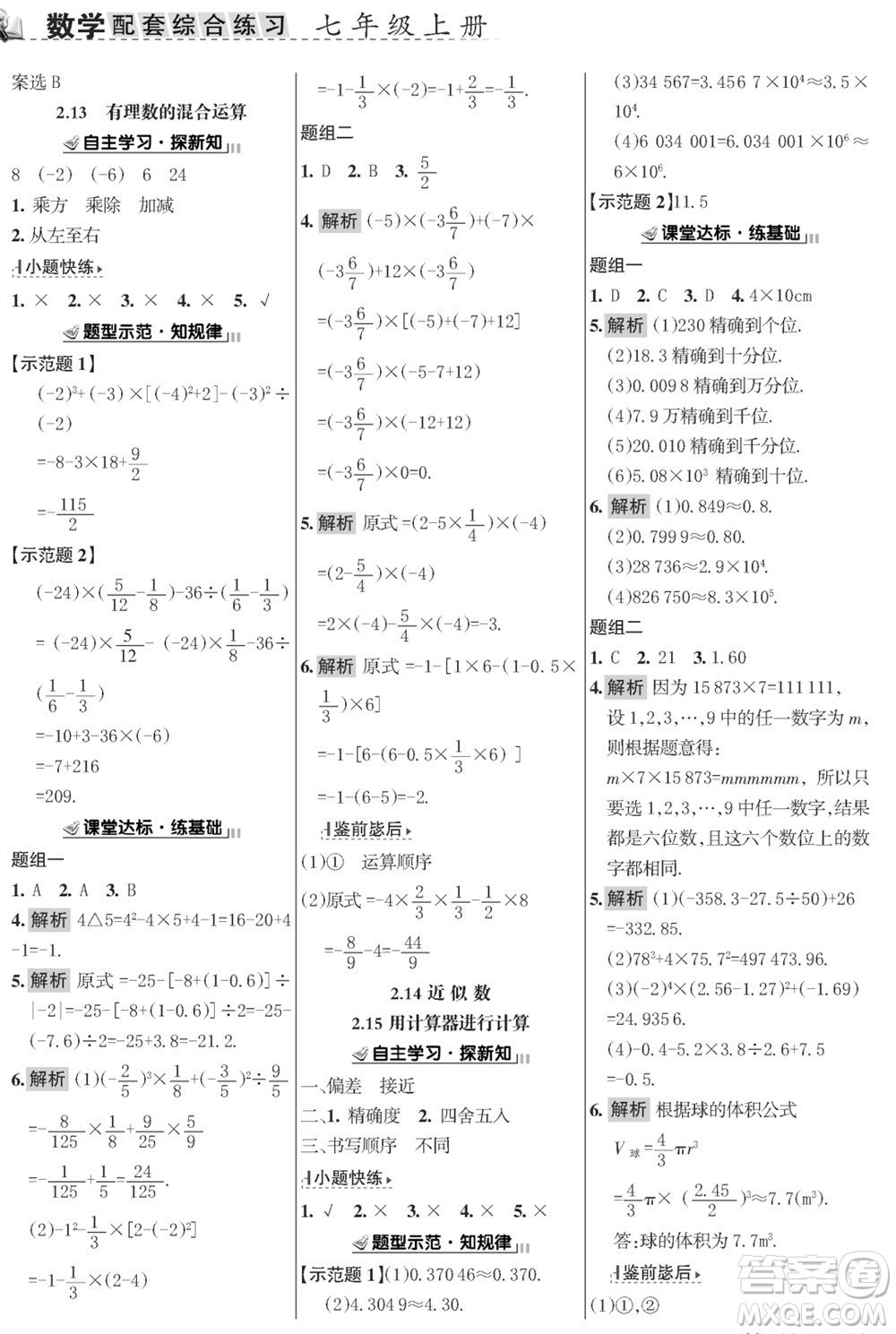 甘肅文化出版社2023年秋配套綜合練習(xí)七年級數(shù)學(xué)上冊華師大版參考答案