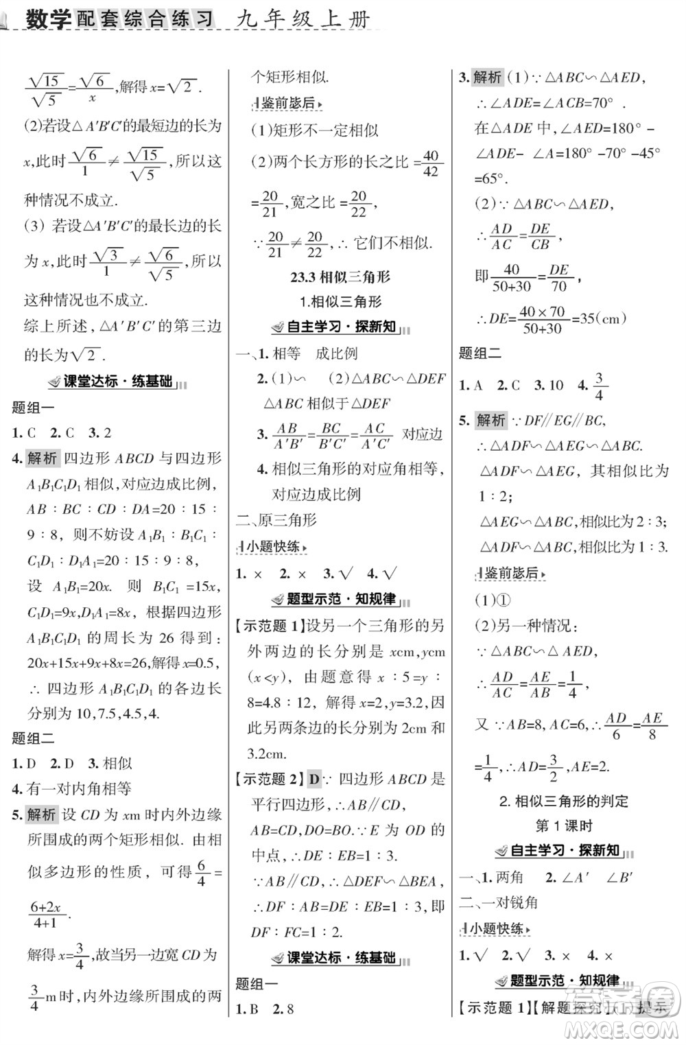 甘肅文化出版社2023年秋配套綜合練習(xí)九年級(jí)數(shù)學(xué)上冊(cè)華師大版參考答案