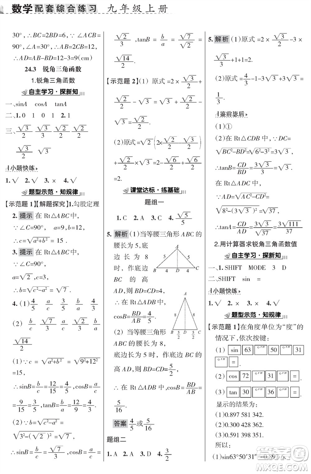 甘肅文化出版社2023年秋配套綜合練習(xí)九年級(jí)數(shù)學(xué)上冊(cè)華師大版參考答案