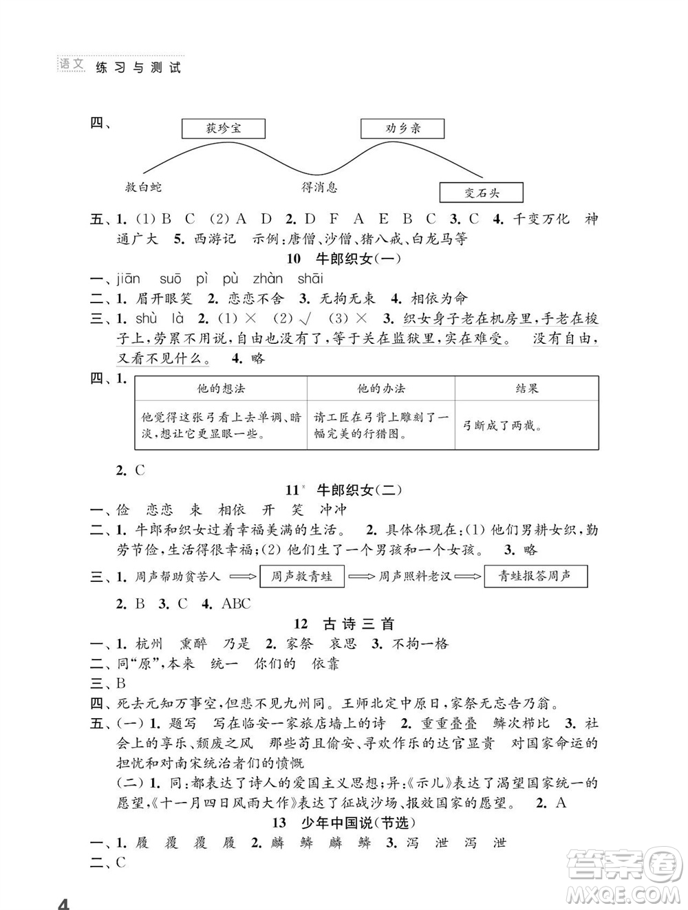 江蘇鳳凰教育出版社2023年秋小學語文練習與測試五年級上冊人教版參考答案