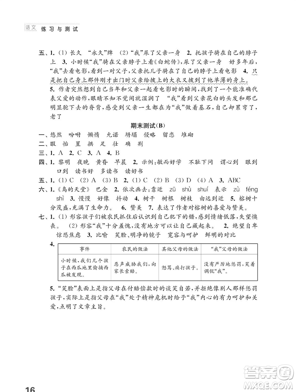 江蘇鳳凰教育出版社2023年秋小學語文練習與測試五年級上冊人教版參考答案