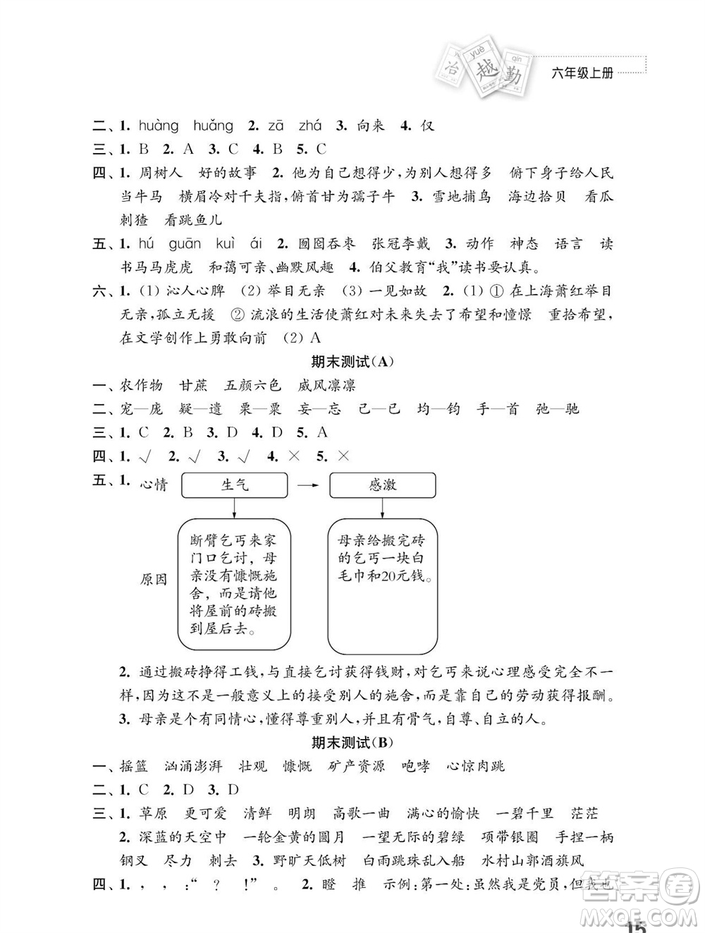 江蘇鳳凰教育出版社2023年秋小學(xué)語(yǔ)文練習(xí)與測(cè)試六年級(jí)上冊(cè)人教版參考答案