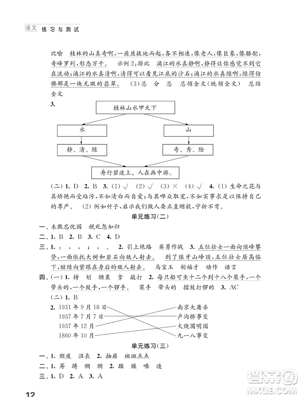 江蘇鳳凰教育出版社2023年秋小學(xué)語(yǔ)文練習(xí)與測(cè)試六年級(jí)上冊(cè)人教版參考答案