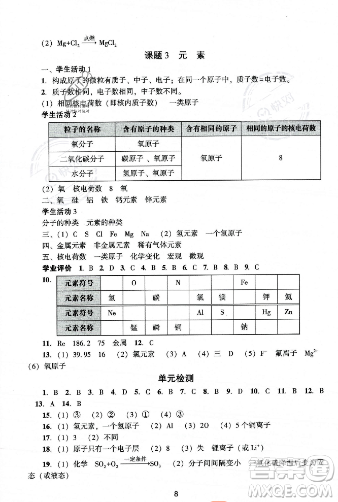 廣州出版社2023年秋陽光學(xué)業(yè)評價九年級化學(xué)上冊人教版答案