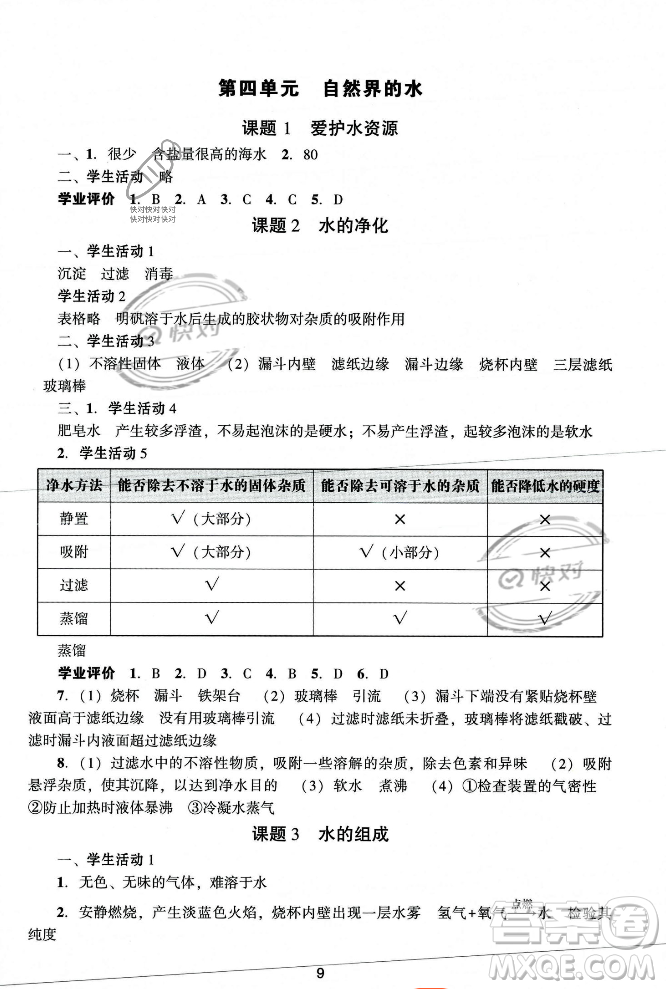 廣州出版社2023年秋陽光學(xué)業(yè)評價九年級化學(xué)上冊人教版答案