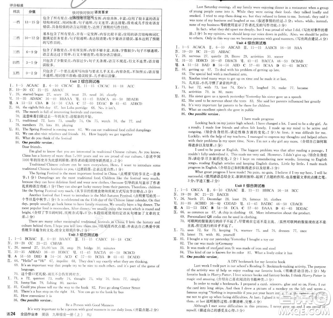 陽(yáng)光出版社2023年秋季全品作業(yè)本九年級(jí)英語(yǔ)全一冊(cè)人教版河北專版答案