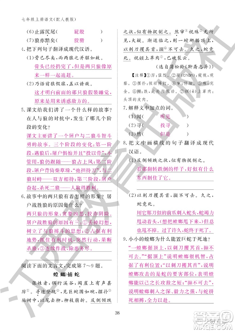 江西教育出版社2023年秋語文作業(yè)本七年級上冊人教版參考答案