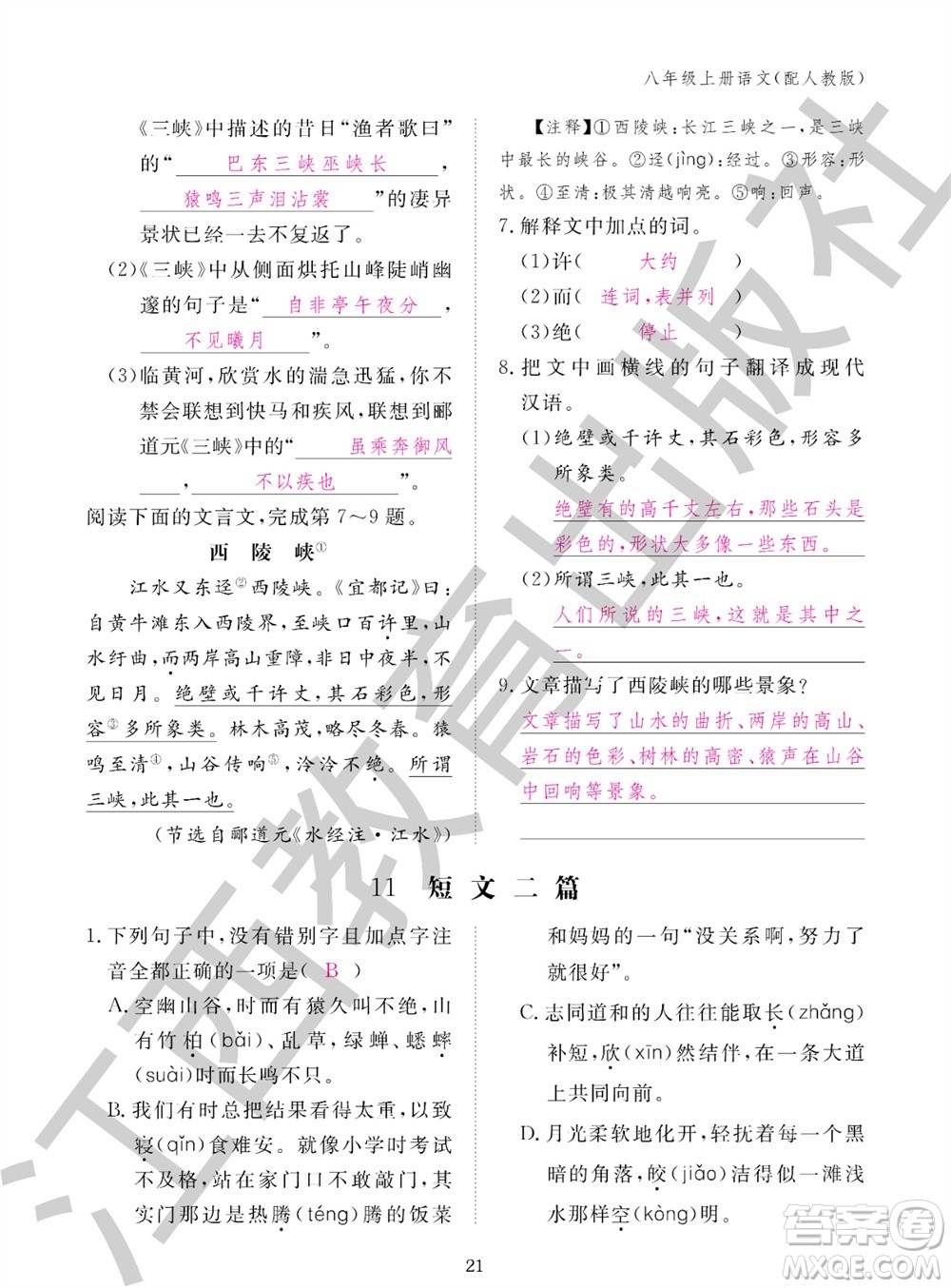 江西教育出版社2023年秋語(yǔ)文作業(yè)本八年級(jí)上冊(cè)人教版參考答案