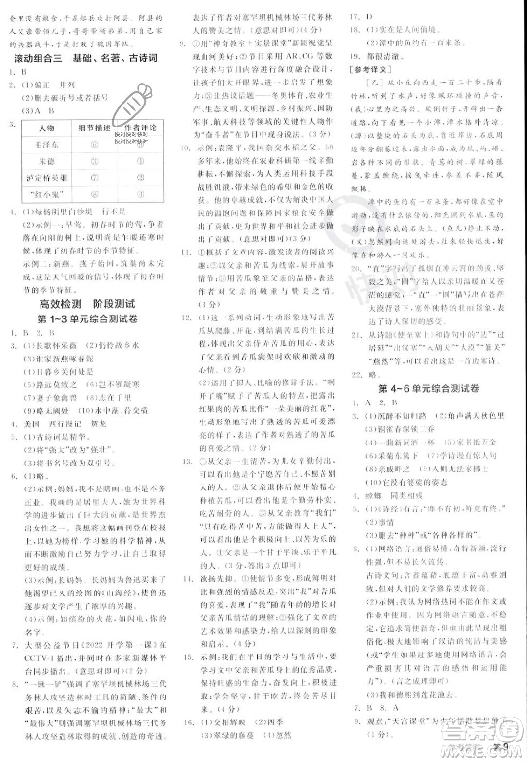 天津人民出版社2023年秋全品作業(yè)本八年級(jí)語文上冊(cè)通用版陜西專版答案