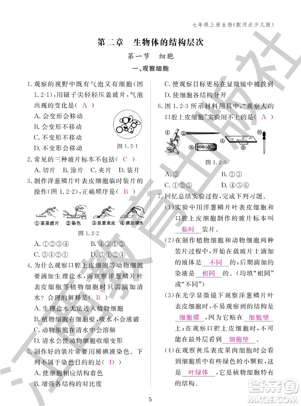 江西教育出版社2023年秋生物作業(yè)本七年級(jí)上冊(cè)冀少版參考答案