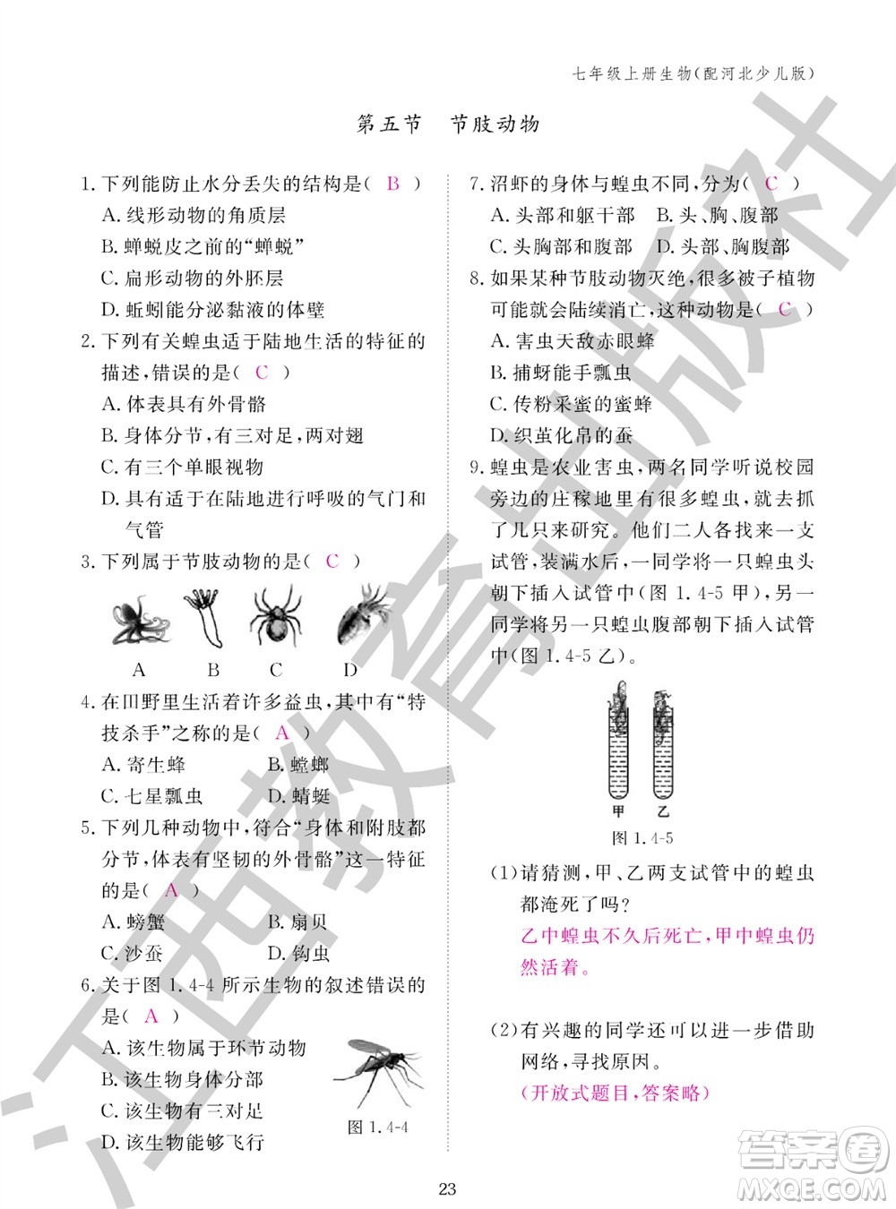 江西教育出版社2023年秋生物作業(yè)本七年級(jí)上冊(cè)冀少版參考答案