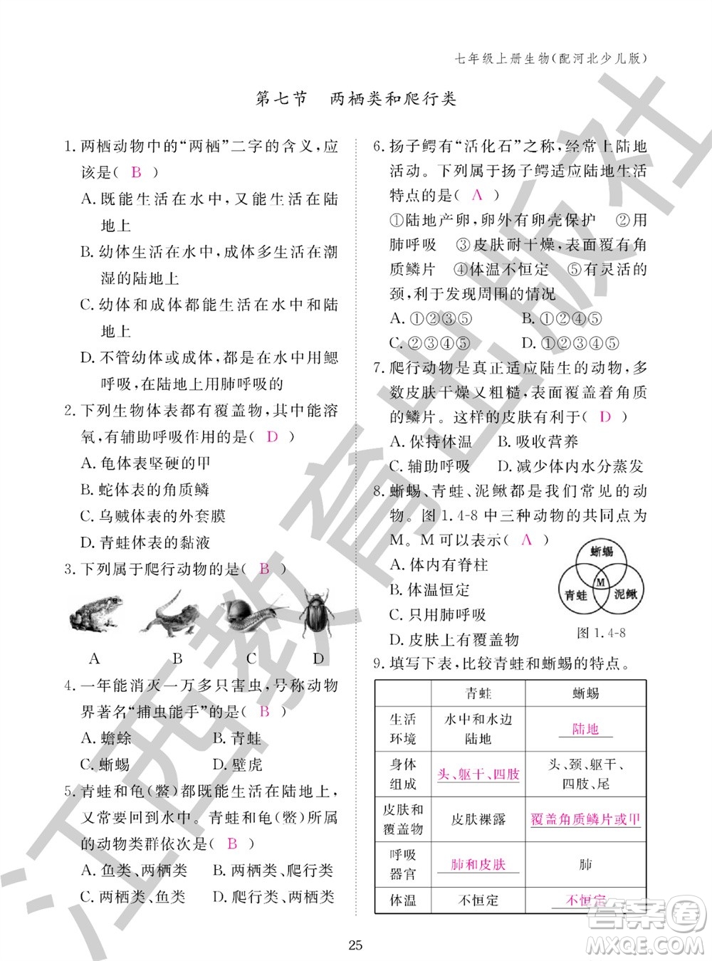 江西教育出版社2023年秋生物作業(yè)本七年級(jí)上冊(cè)冀少版參考答案