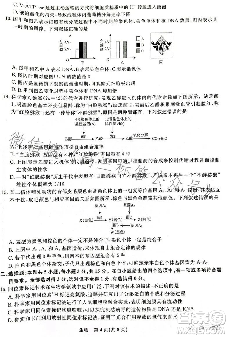 遼寧省名校聯(lián)盟2023年高三9月份聯(lián)合考試生物試卷答案