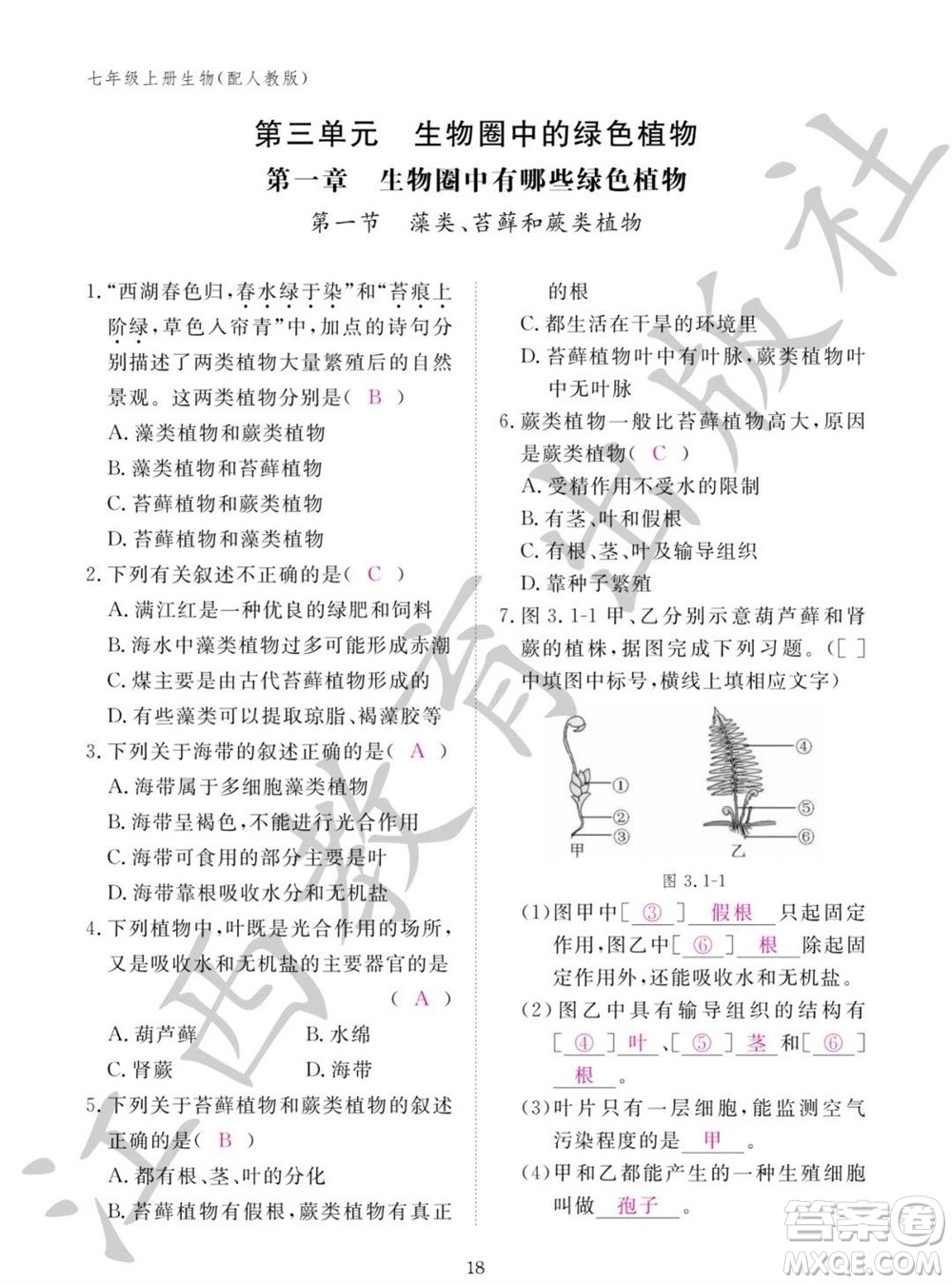 江西教育出版社2023年秋生物作業(yè)本七年級(jí)上冊(cè)人教版參考答案