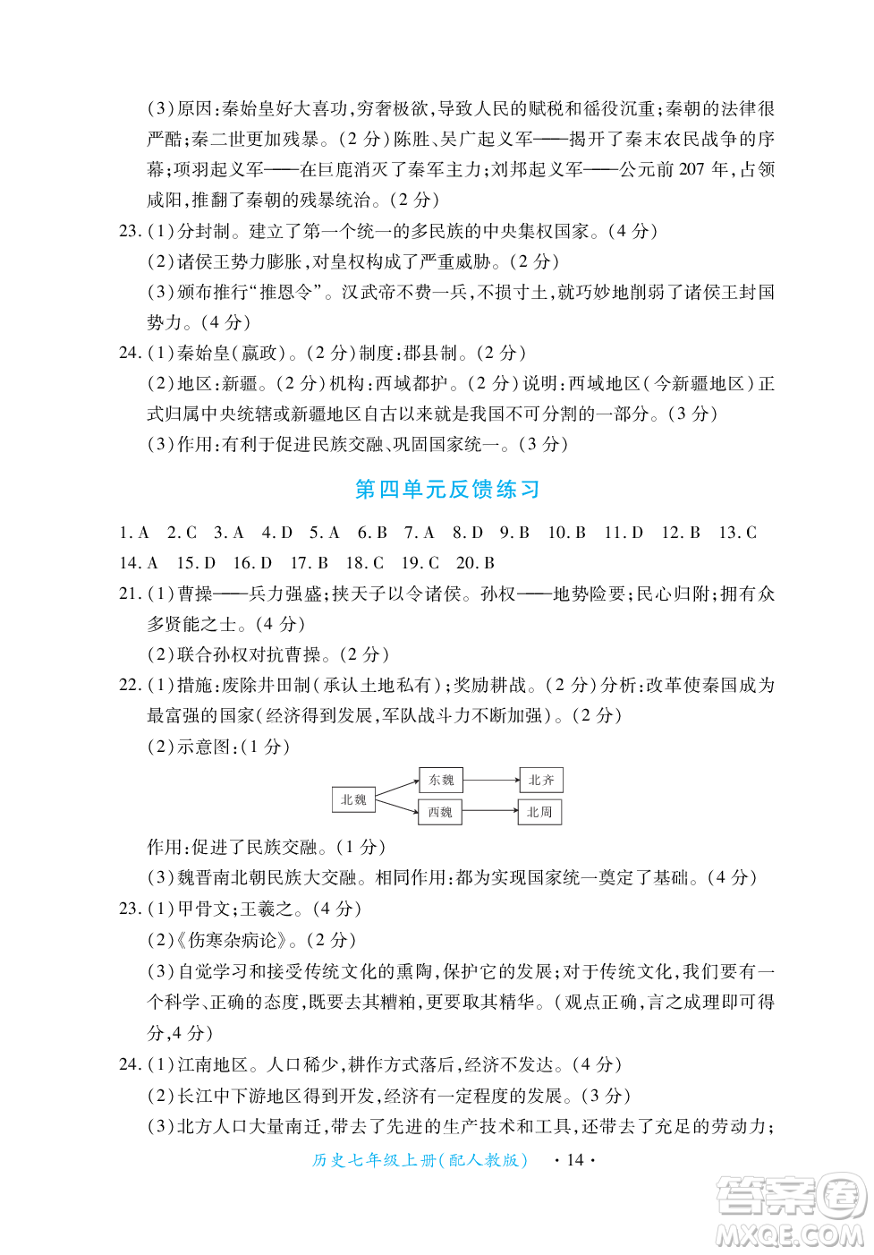 江西人民出版社2023年秋一課一練創(chuàng)新練習(xí)七年級(jí)歷史上冊(cè)人教版答案