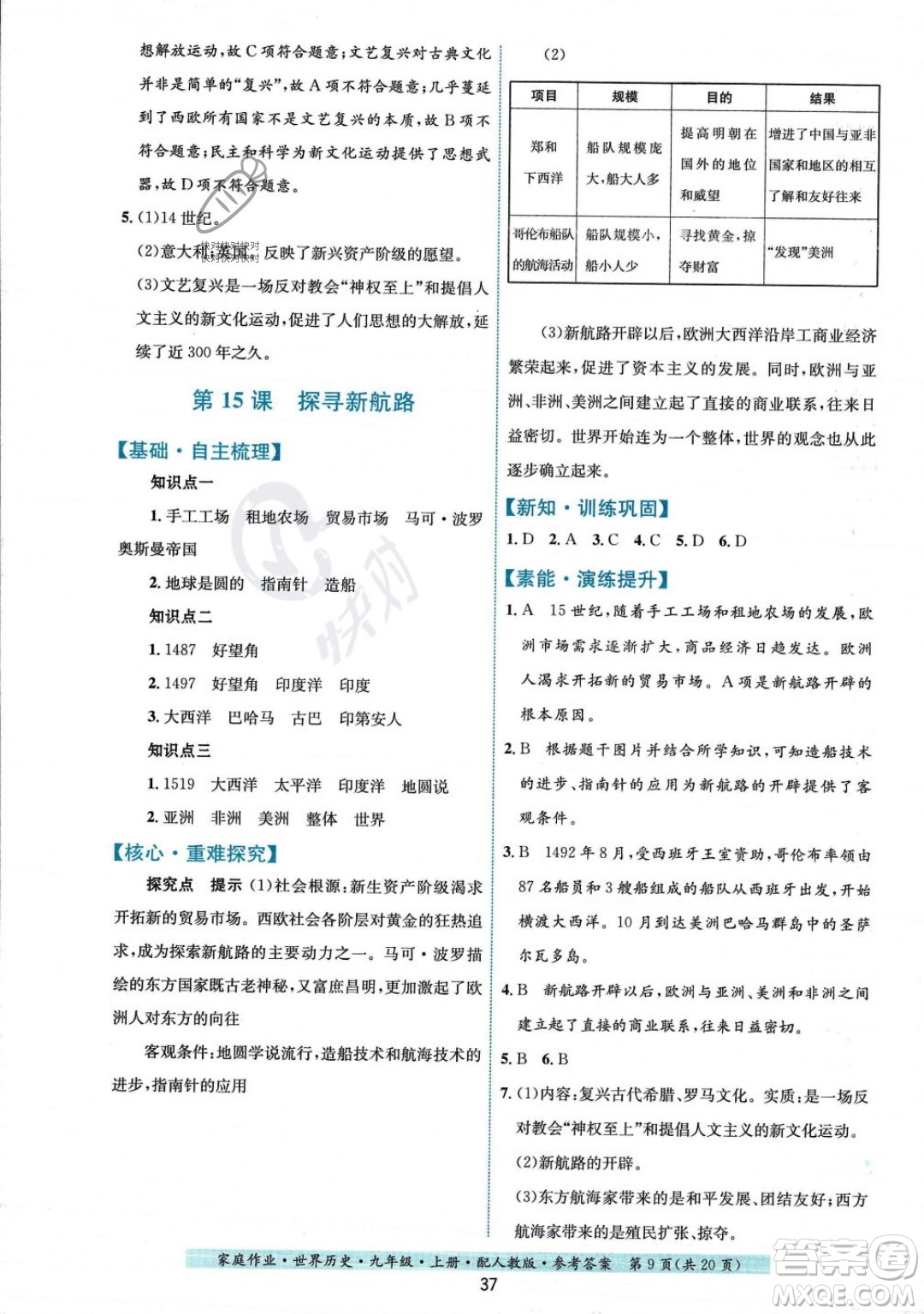 貴州教育出版社2023年秋家庭作業(yè)九年級(jí)世界歷史上冊(cè)人教版答案