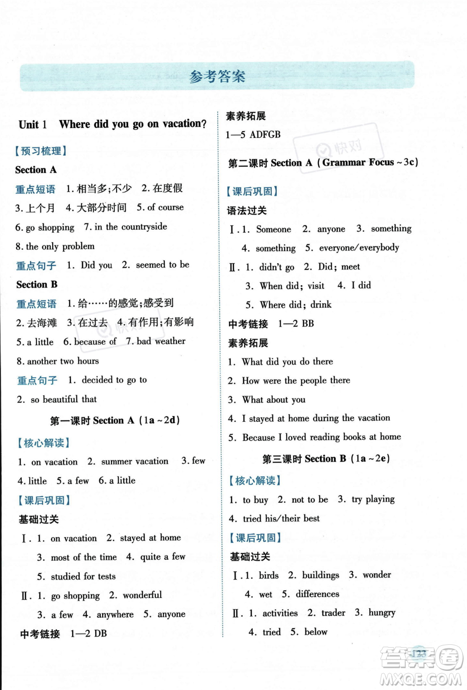 人民教育出版社2023年秋績優(yōu)學(xué)案八年級英語上冊人教版答案