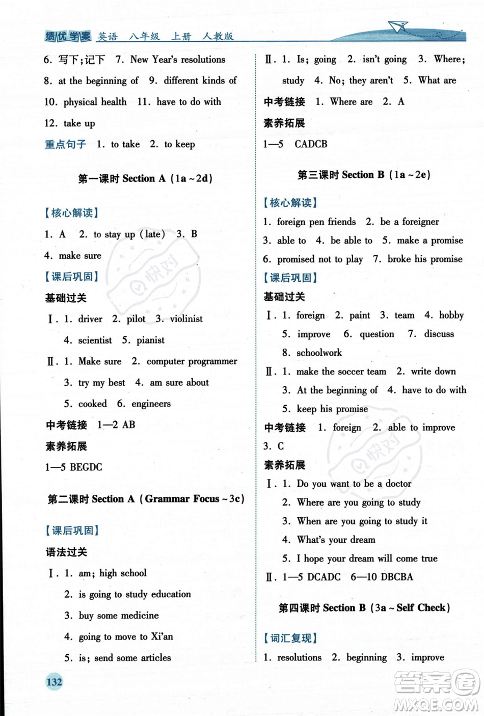 人民教育出版社2023年秋績優(yōu)學(xué)案八年級英語上冊人教版答案