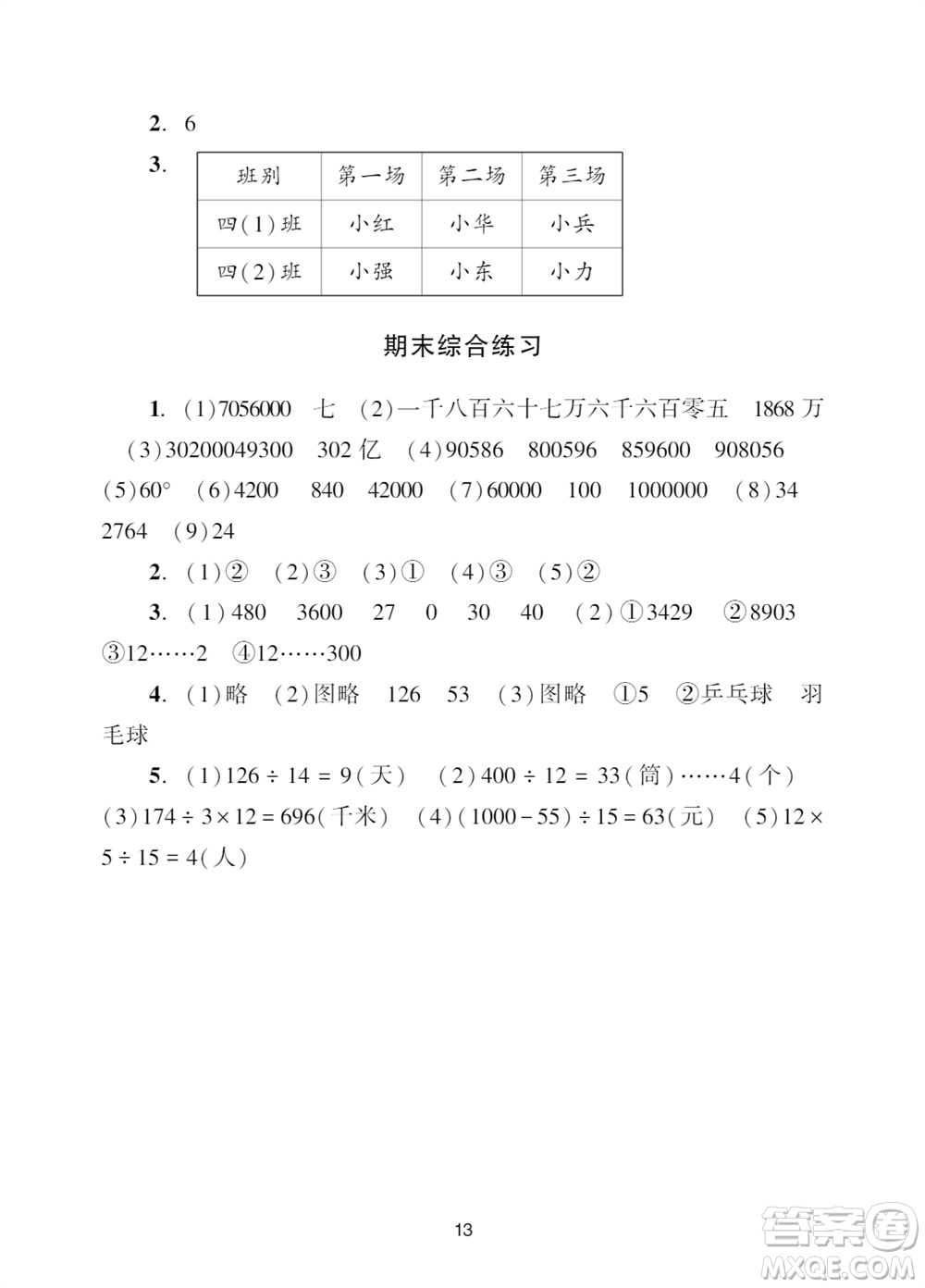 廣州出版社2023年秋陽光學業(yè)評價四年級數學上冊人教版參考答案