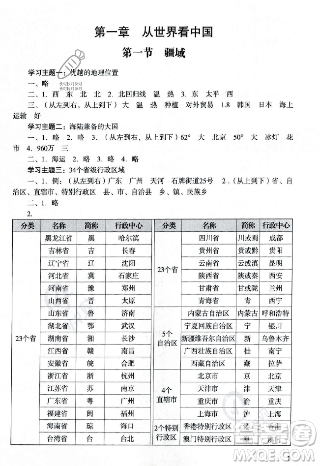 廣州出版社2023年秋陽(yáng)光學(xué)業(yè)評(píng)價(jià)八年級(jí)地理上冊(cè)人教版答案