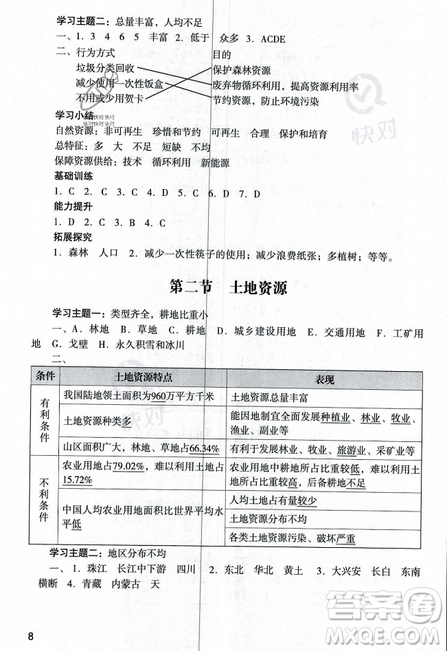 廣州出版社2023年秋陽(yáng)光學(xué)業(yè)評(píng)價(jià)八年級(jí)地理上冊(cè)人教版答案