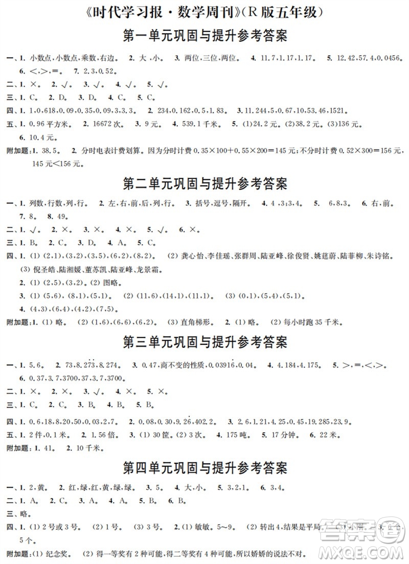 時(shí)代學(xué)習(xí)報(bào)數(shù)學(xué)周刊2023年秋五年級上冊鞏固與提升人教版參考答案