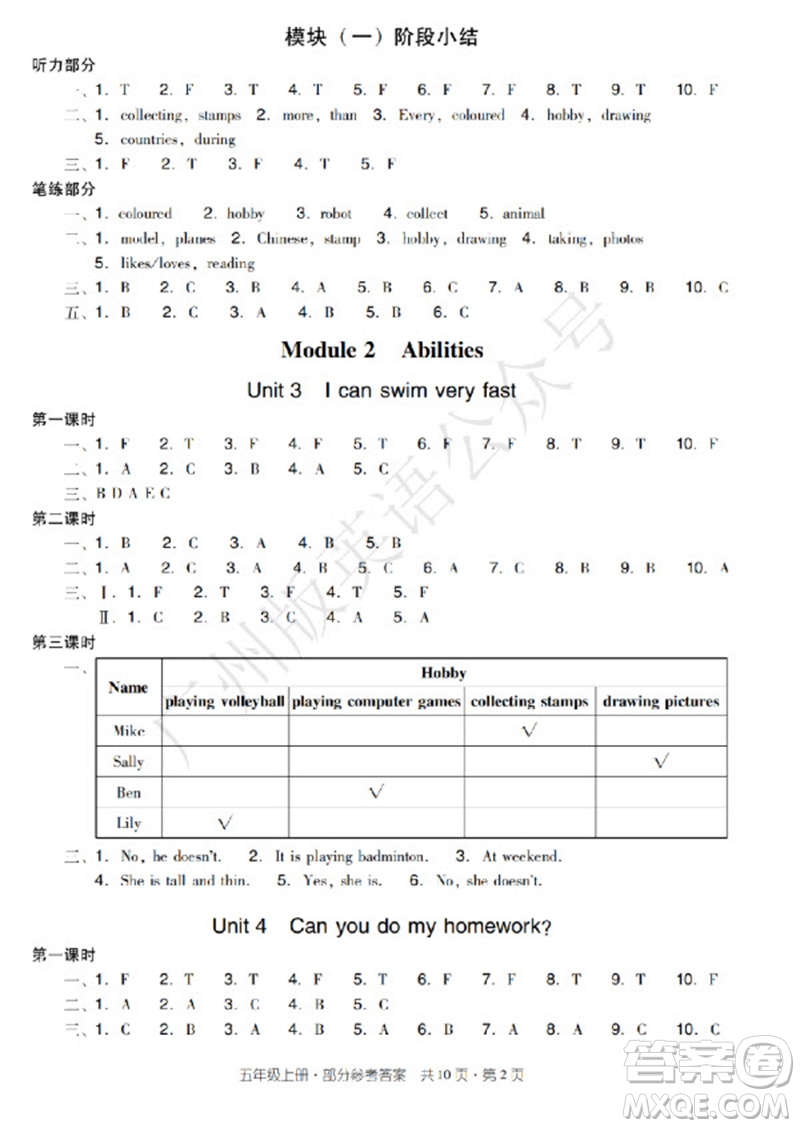 新世紀(jì)出版社2023年秋王牌英語小學(xué)英語雙基同步導(dǎo)學(xué)導(dǎo)練五年級上冊廣州版參考答案