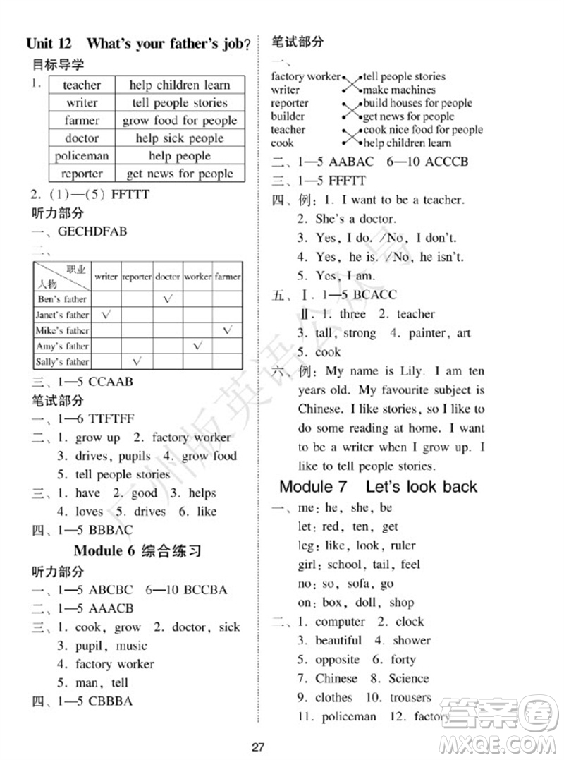 廣州出版社2023年秋小學(xué)英語目標(biāo)實施手冊四年級上冊廣州教科版參考答案