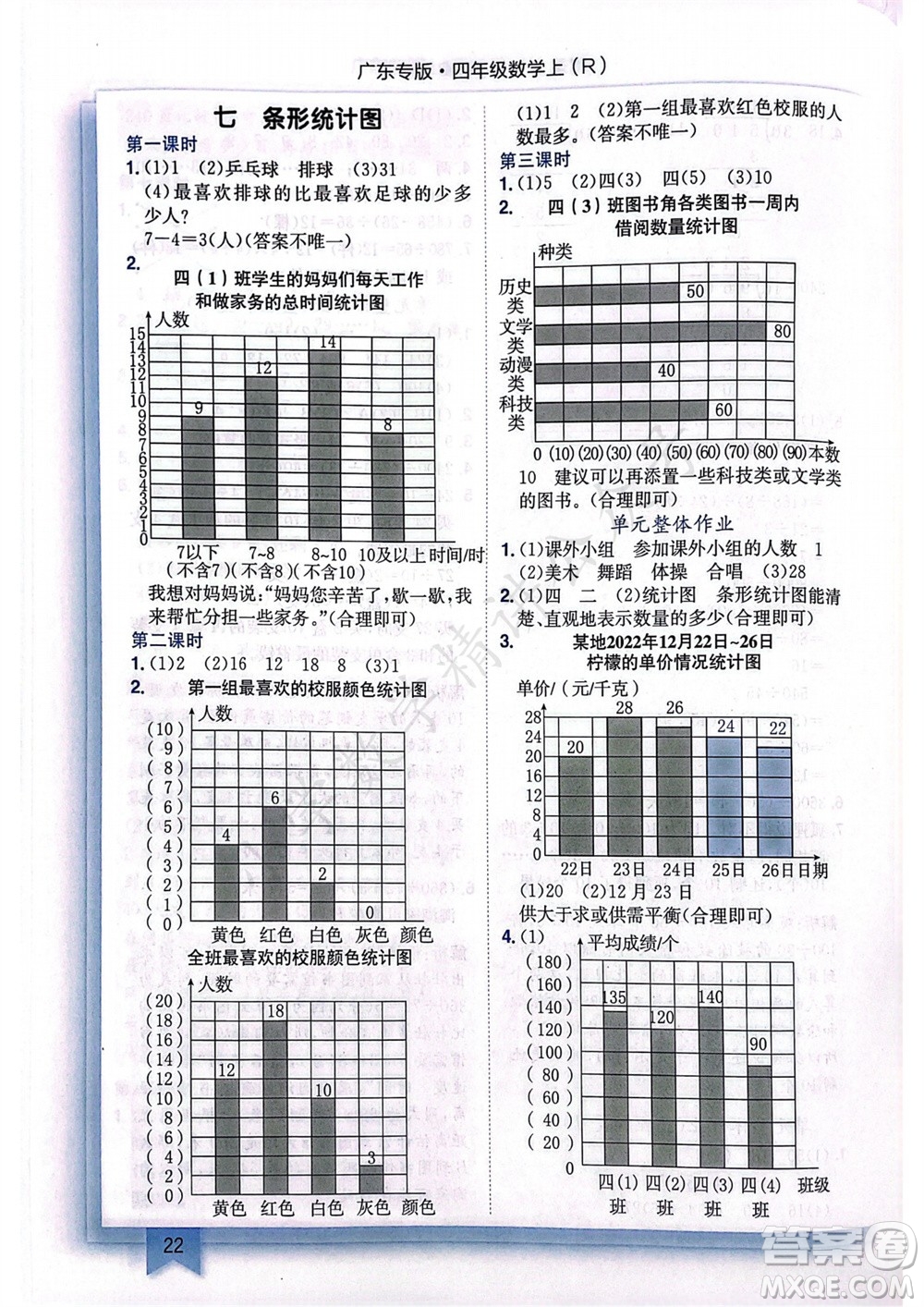 龍門書局2023年秋黃岡小狀元作業(yè)本四年級數學上冊人教版廣東專版參考答案