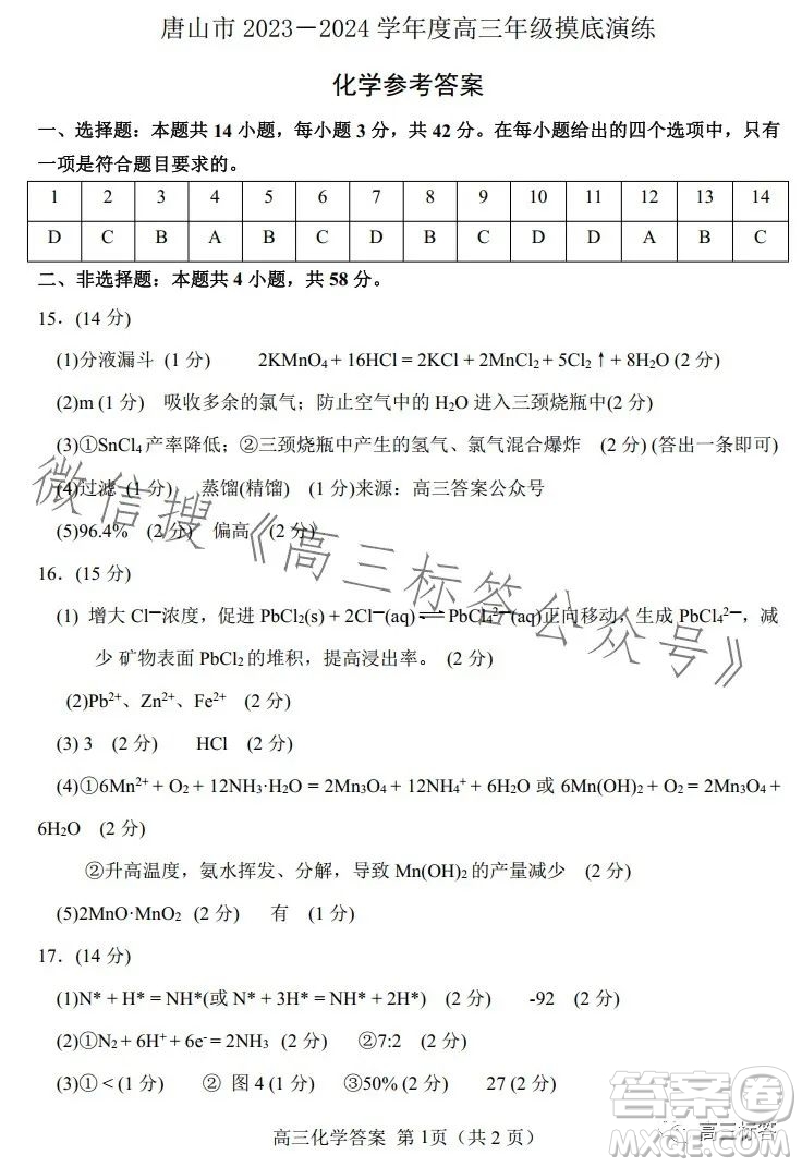 2024屆河北唐山高三上學(xué)期摸底演練化學(xué)試題答案