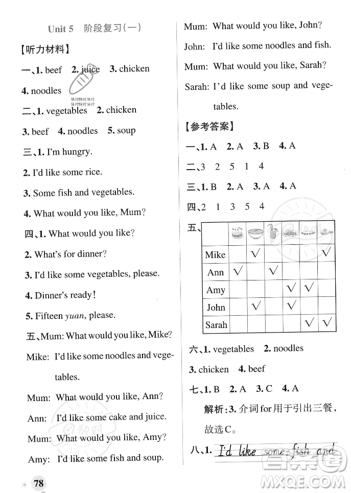 遼寧教育出版社2023年秋PASS小學(xué)學(xué)霸作業(yè)本四年級英語上冊人教版答案