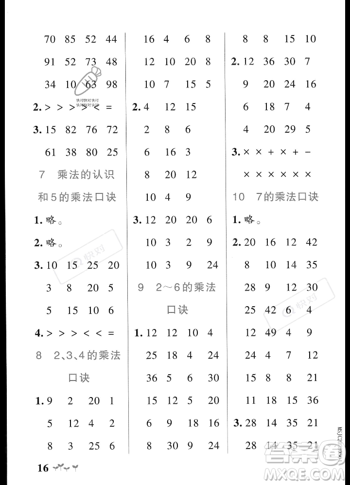 遼寧教育出版社2023年秋PASS小學(xué)學(xué)霸作業(yè)本二年級數(shù)學(xué)上冊人教版答案