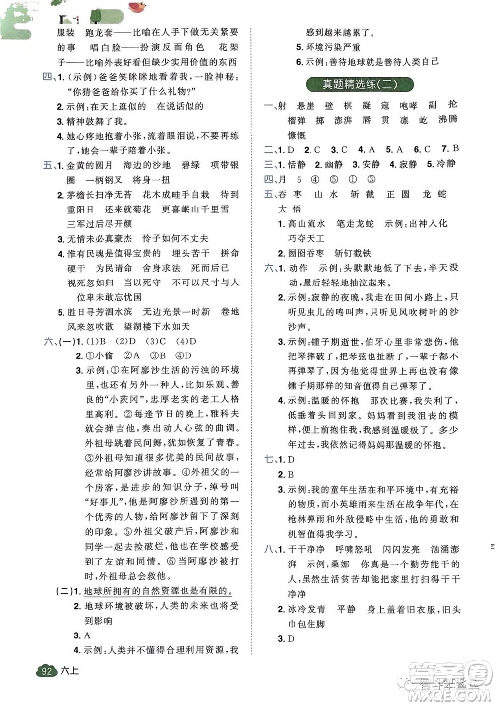 北京教育出版社2023年秋陽光同學(xué)單元分類復(fù)習(xí)真題練六年級(jí)語文上冊(cè)人教版參考答案