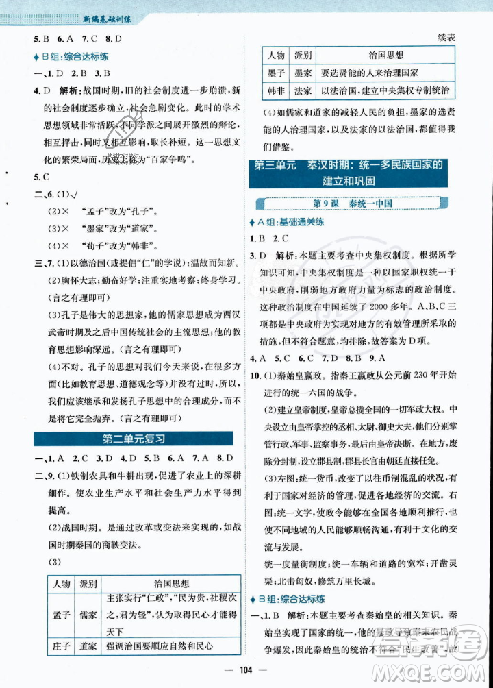 安徽教育出版社2023年秋新編基礎(chǔ)訓(xùn)練七年級(jí)歷史上冊(cè)人教版答案