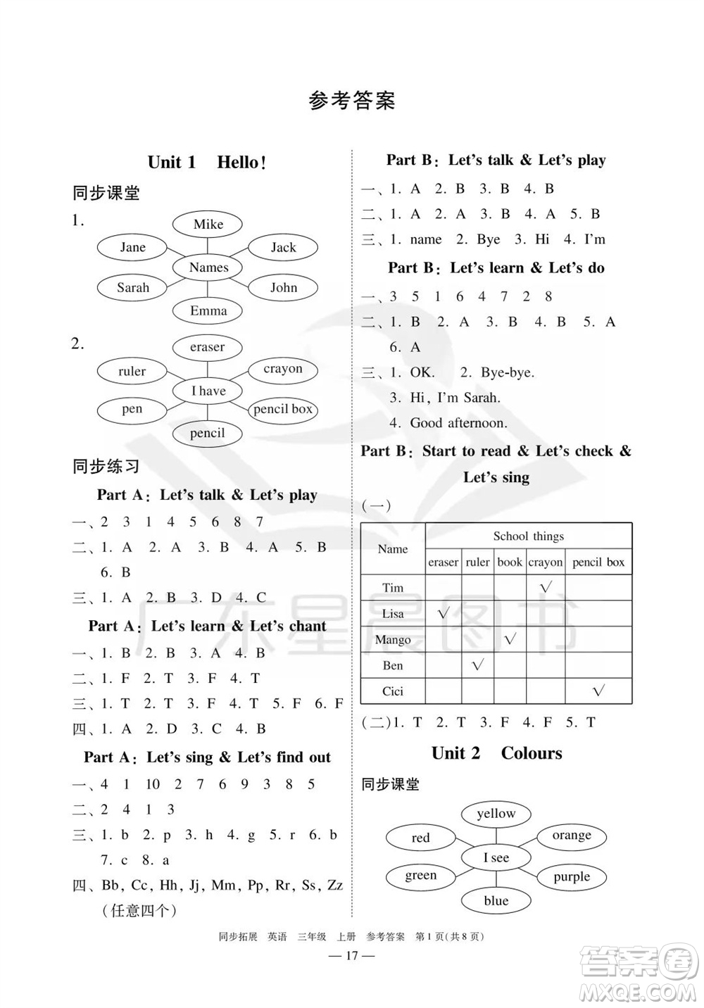 華南理工大學出版社2023年秋同步拓展三年級英語上冊人教版中山專版參考答案