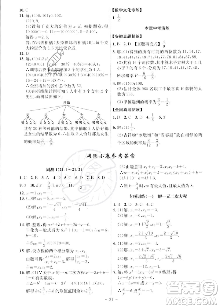 安徽師范大學(xué)出版社2023年秋課時A計劃九年級數(shù)學(xué)上冊人教版安徽專版答案