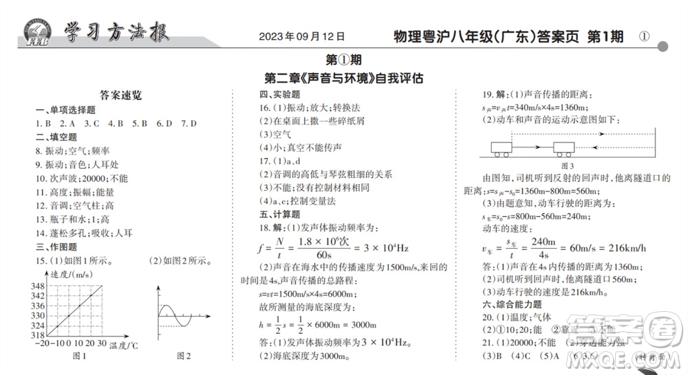 學(xué)習(xí)方法報2023-2024學(xué)年八年級物理上冊粵滬廣東版①-③期小報參考答案