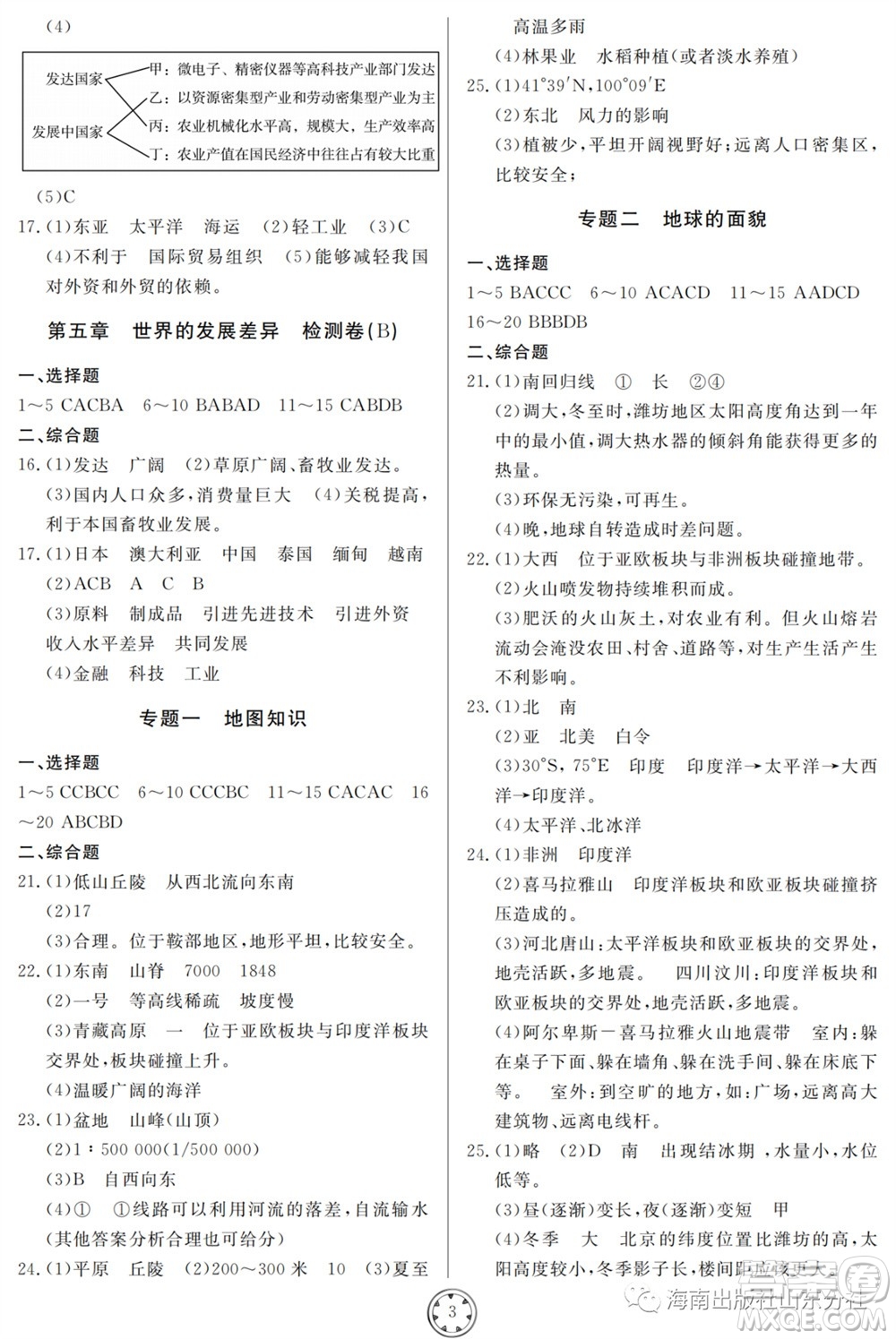 山東人民出版社2023年秋同步練習(xí)冊分層檢測卷七年級地理上冊人教版參考答案