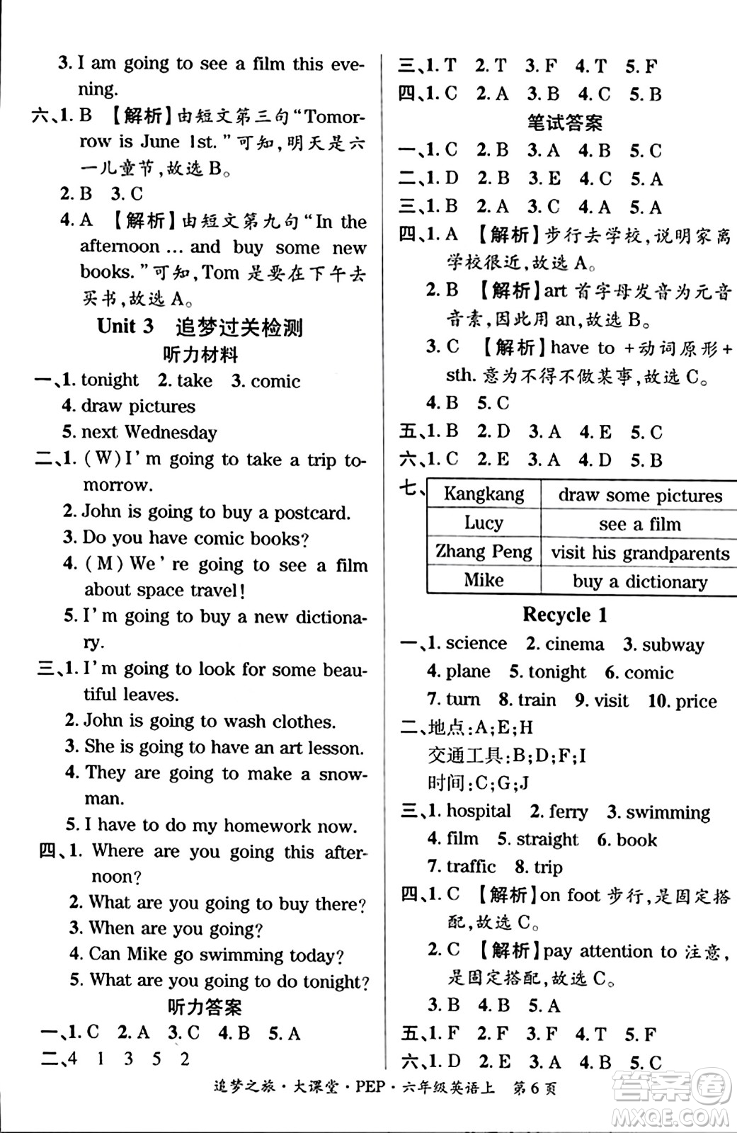 天津科學(xué)技術(shù)出版社2023年秋追夢之旅大課堂六年級(jí)英語上冊人教PEP版答案