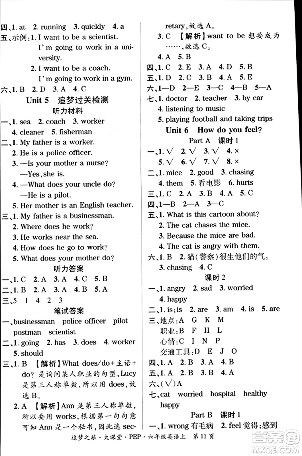 天津科學(xué)技術(shù)出版社2023年秋追夢之旅大課堂六年級(jí)英語上冊人教PEP版答案