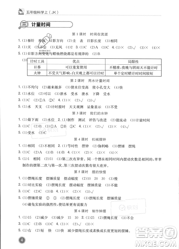 龍門書局2023年秋黃岡小狀元作業(yè)本五年級科學(xué)上冊教科版答案