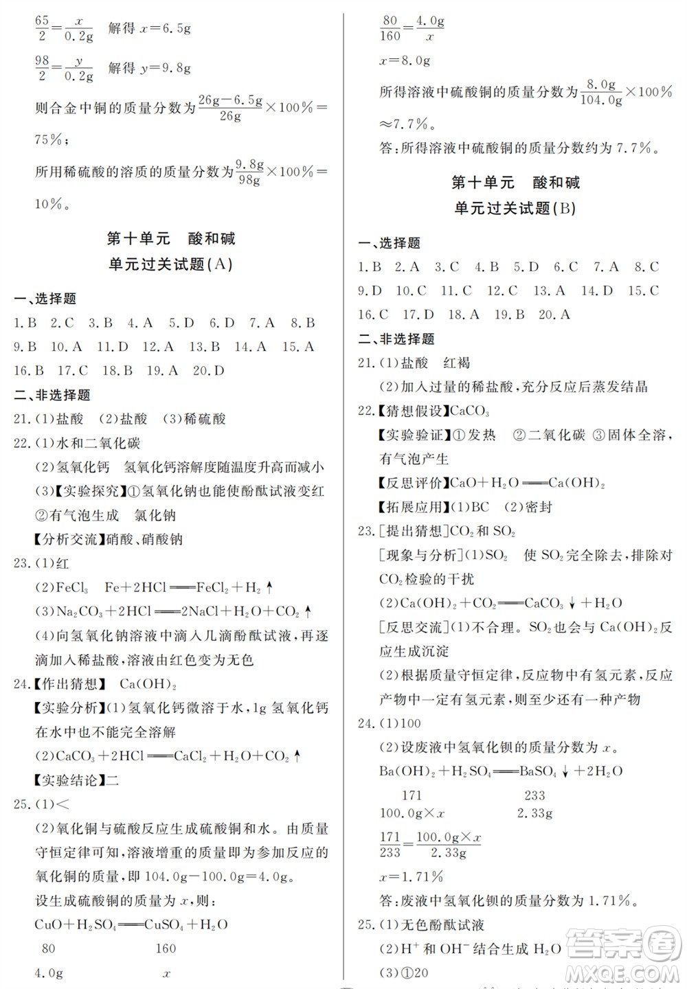 山東人民出版社2023年秋同步練習(xí)冊分層檢測卷九年級化學(xué)全冊人教版參考答案