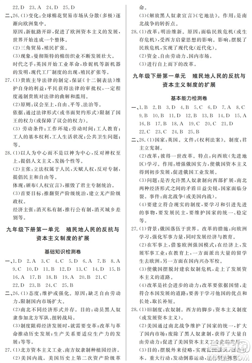 山東人民出版社2023年秋同步練習(xí)冊(cè)分層檢測(cè)卷九年級(jí)歷史全冊(cè)人教版參考答案