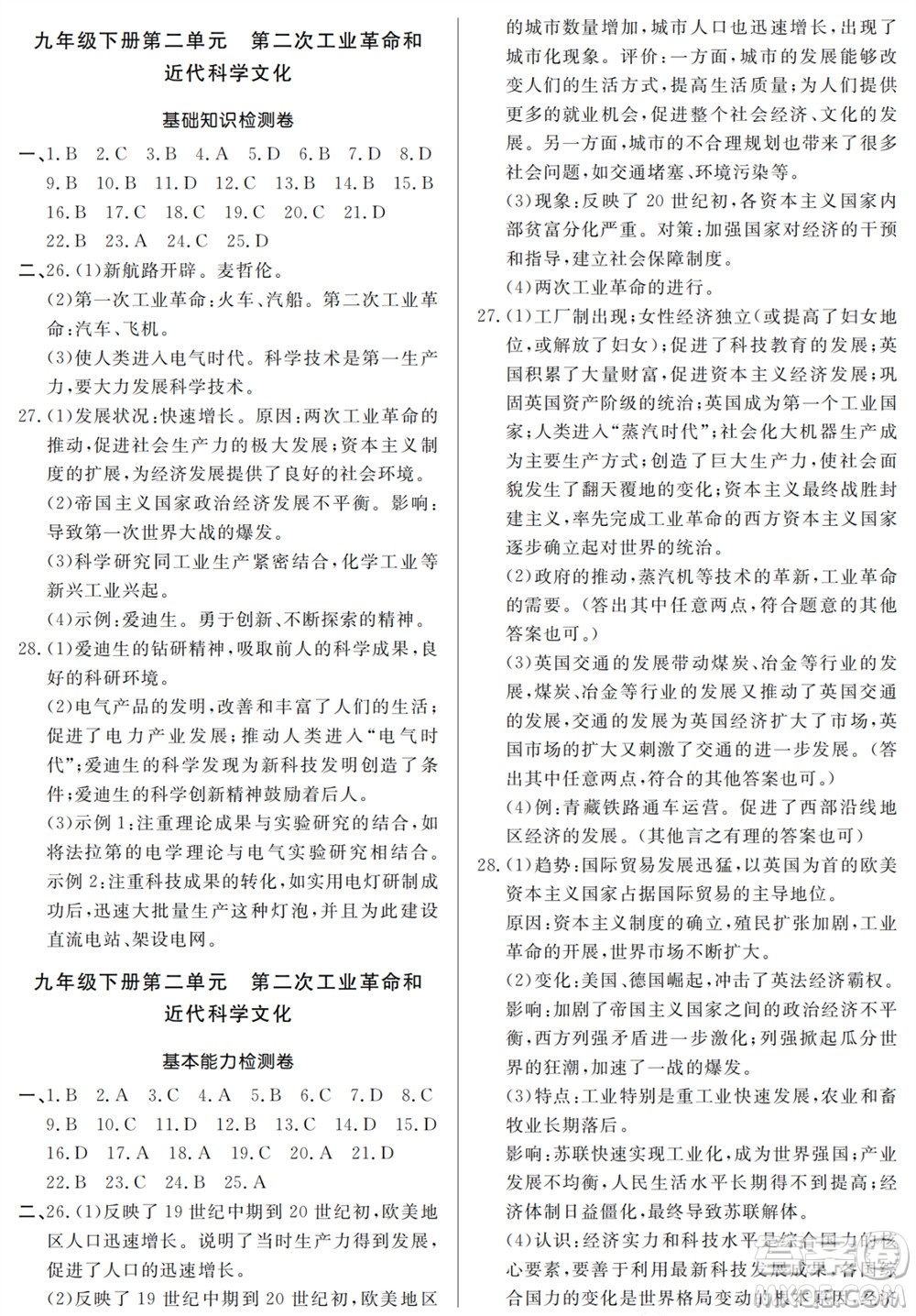 山東人民出版社2023年秋同步練習(xí)冊(cè)分層檢測(cè)卷九年級(jí)歷史全冊(cè)人教版參考答案