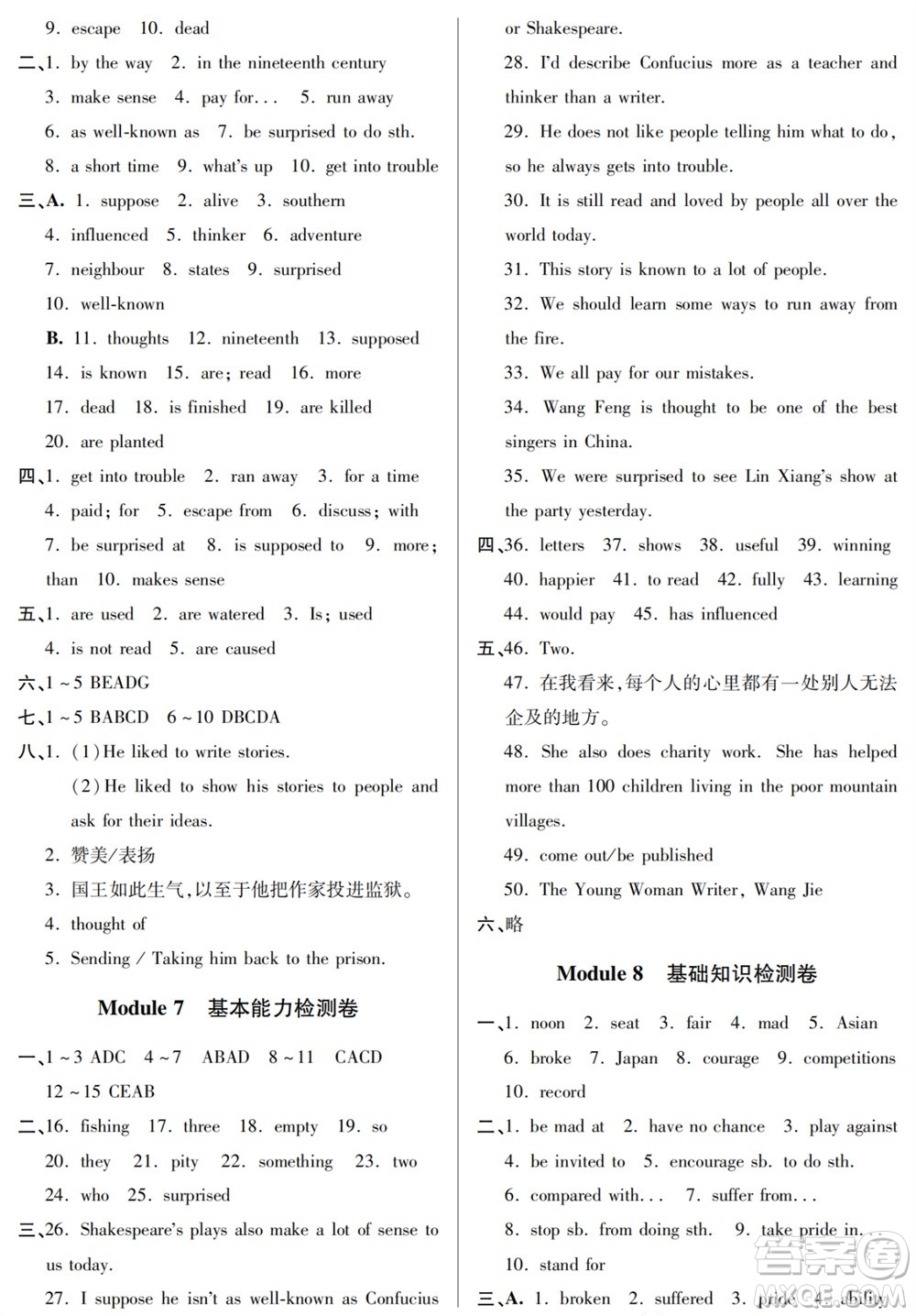 山東人民出版社2023年秋同步練習(xí)冊(cè)分層檢測(cè)卷九年級(jí)英語(yǔ)上冊(cè)人教版參考答案