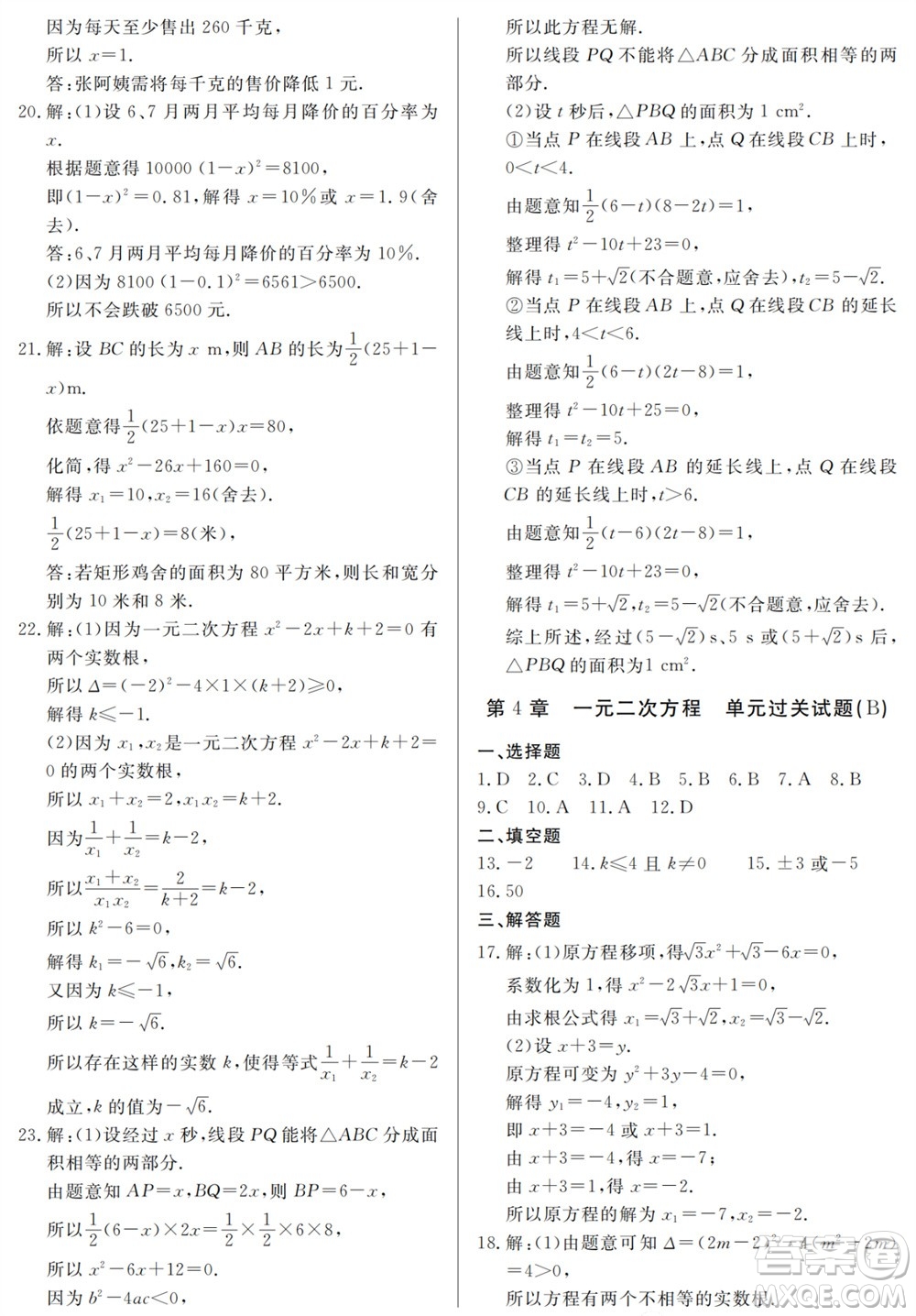 山東人民出版社2023年秋同步練習(xí)冊(cè)分層檢測(cè)卷九年級(jí)數(shù)學(xué)上冊(cè)人教版參考答案